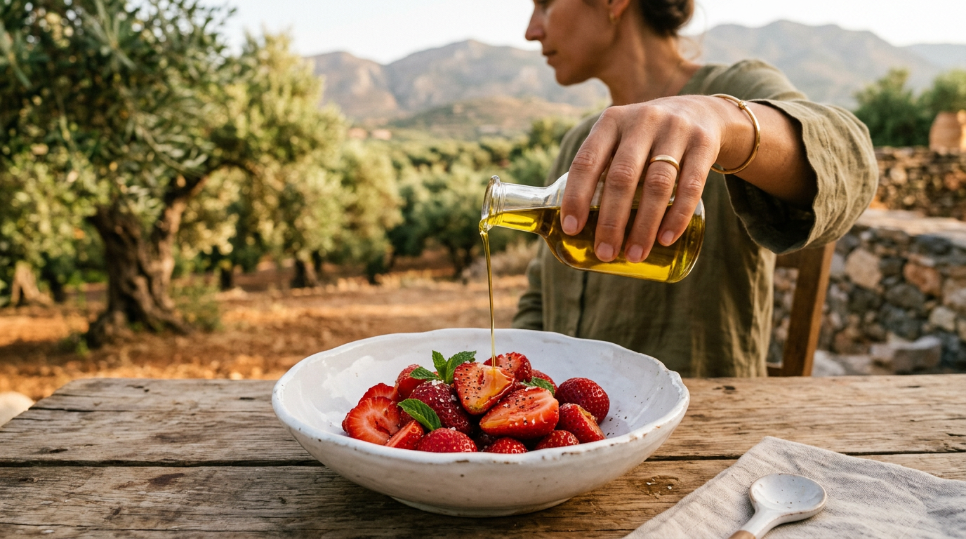 Fresh red strawberries in a white bowl being drizzled with golden olive oil