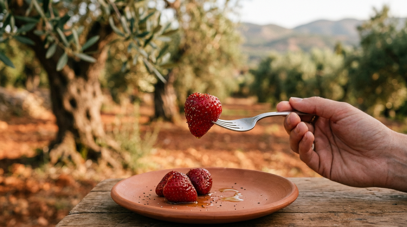 Close-up of a fork with a marinated strawberry sprinkled with black pepper