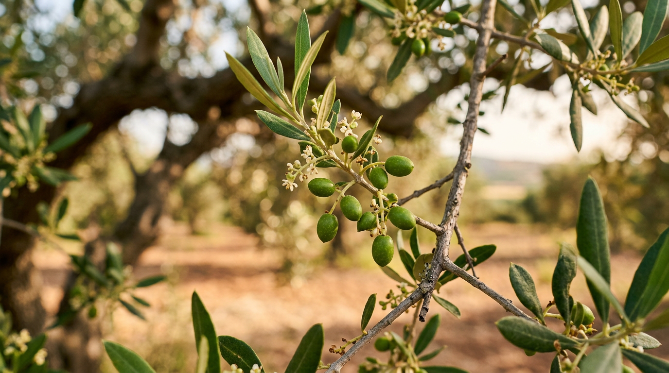 Nahaufnahme der winzigen, grünen Koroneiki-Oliven am Zweig während des Fruchtansatzes im Juni