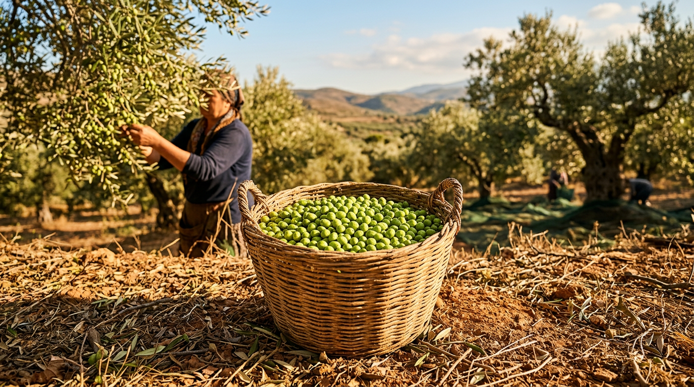 Ein Korb voller frisch geernteter, leuchtend grüner Koroneiki-Oliven in der Oktobersonne Kretas.