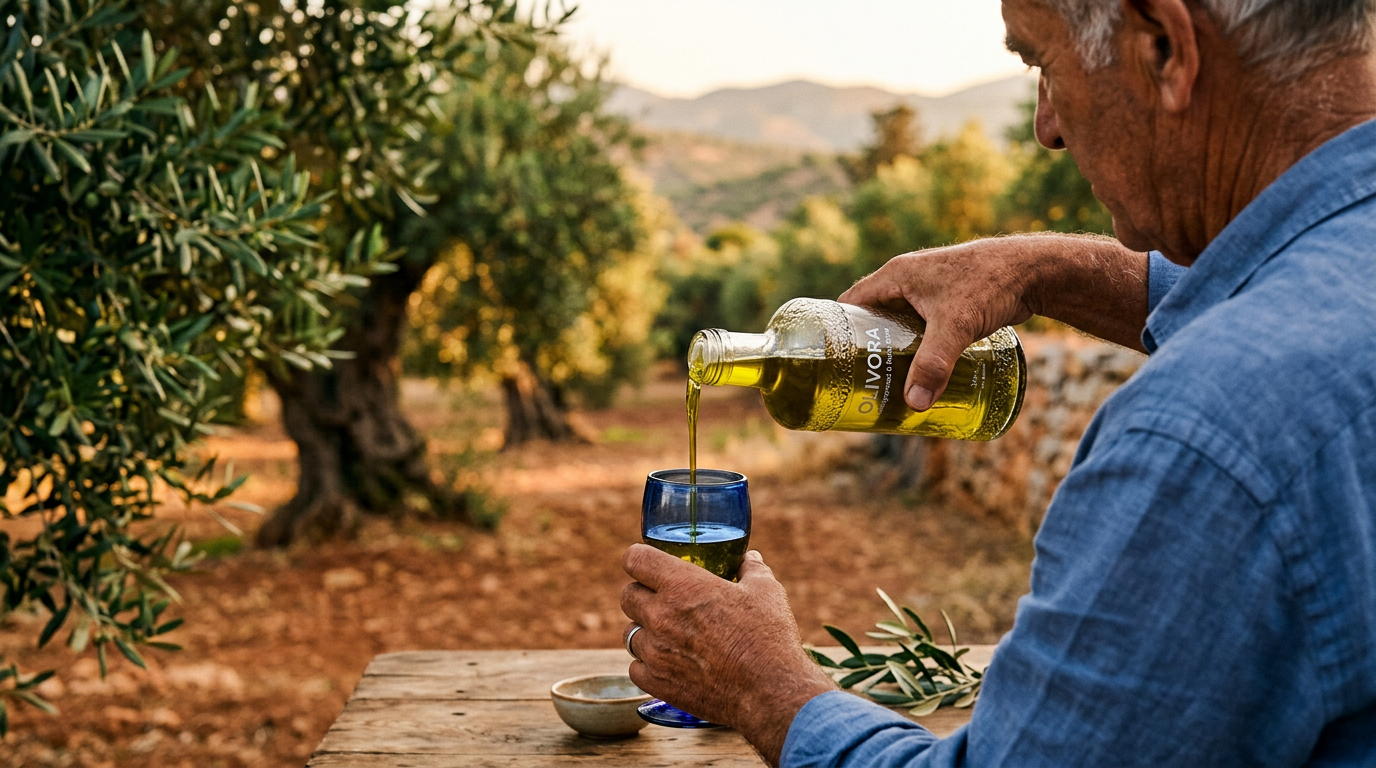 Goldgrünes, klares Olivora Olivenöl wird aus einer Flasche in ein blaues Probierglas gegossen.