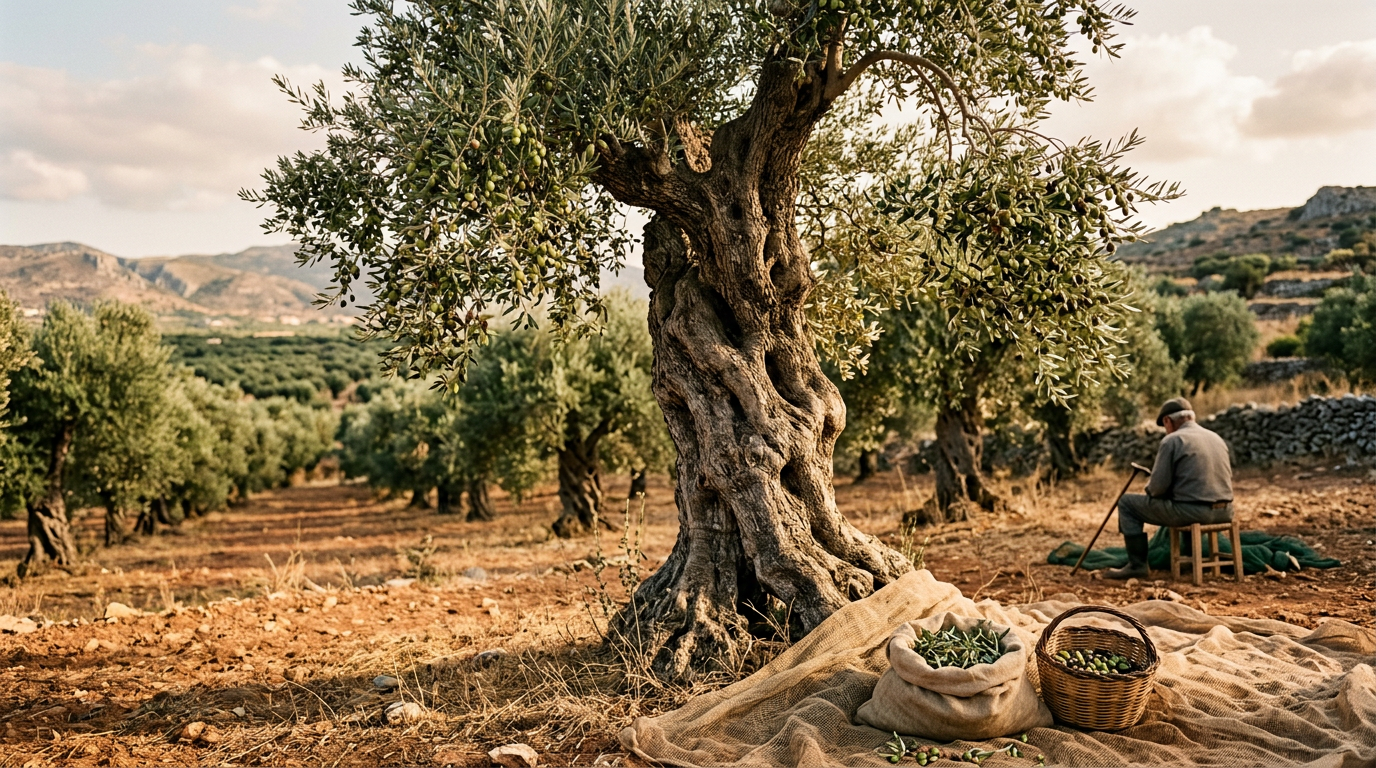 Ein alter, knorriger Olivenbaum im sonnendurchfluteten Hain der Messara-Ebene auf Kreta, bereit für die kommende Ernte.