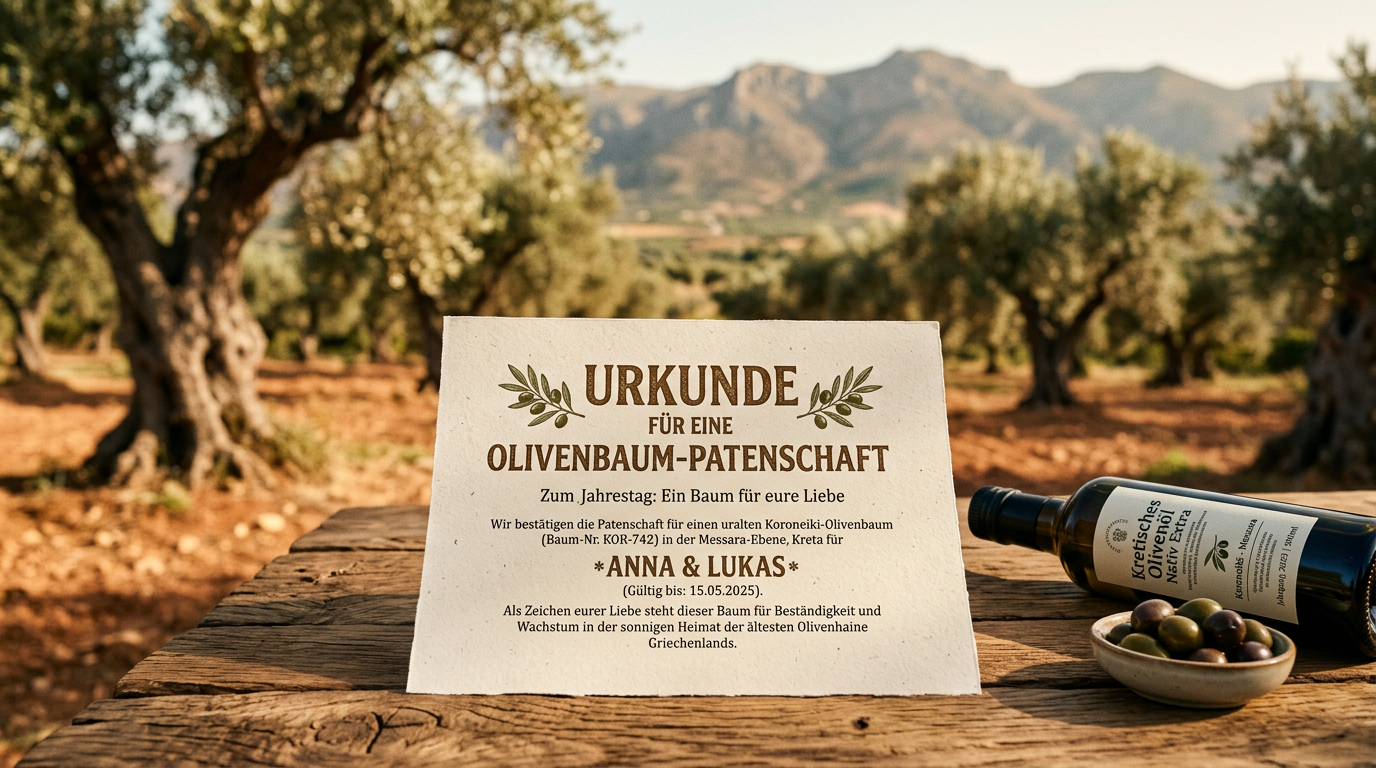 Nahaufnahme einer Urkunde für eine Olivenbaum-Patenschaft, die auf einem rustikalen Holztisch neben einer Flasche Olivenöl liegt.