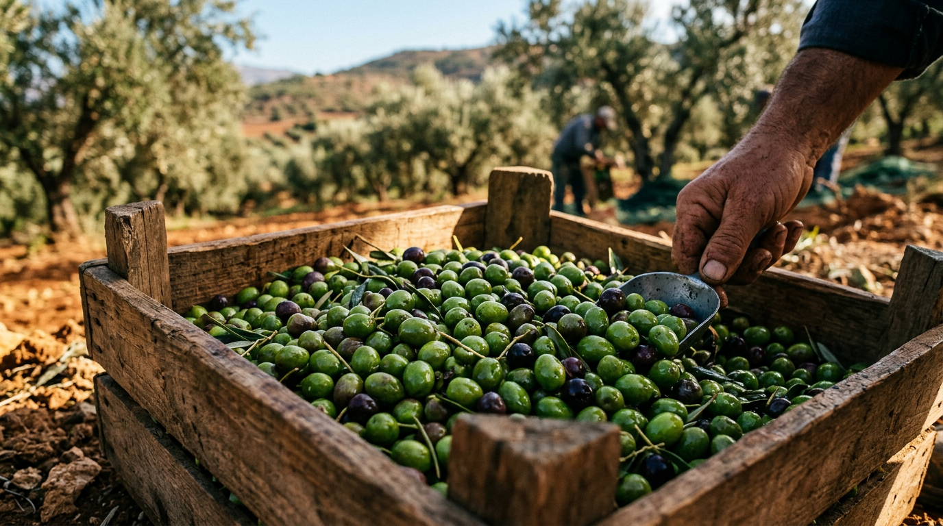 Nahaufnahme von frisch geernteten, glänzenden Koroneiki-Oliven in einer Holzkiste während der Ernte auf Kreta.