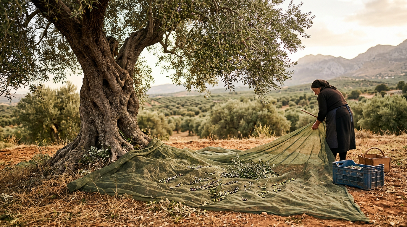 Ein Netz liegt unter einem alten Olivenbaum auf Kreta, bereit für die Ernte der Koroneiki-Oliven.