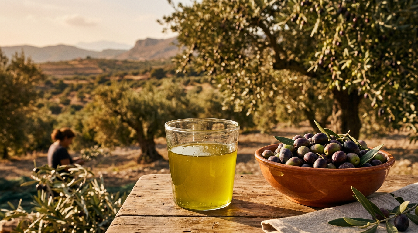 Ein Glas mit goldgrünem, frischem Olivora Olivenöl steht neben einer Schale mit Koroneiki-Oliven in der warmen Oktobersonne Kretas.