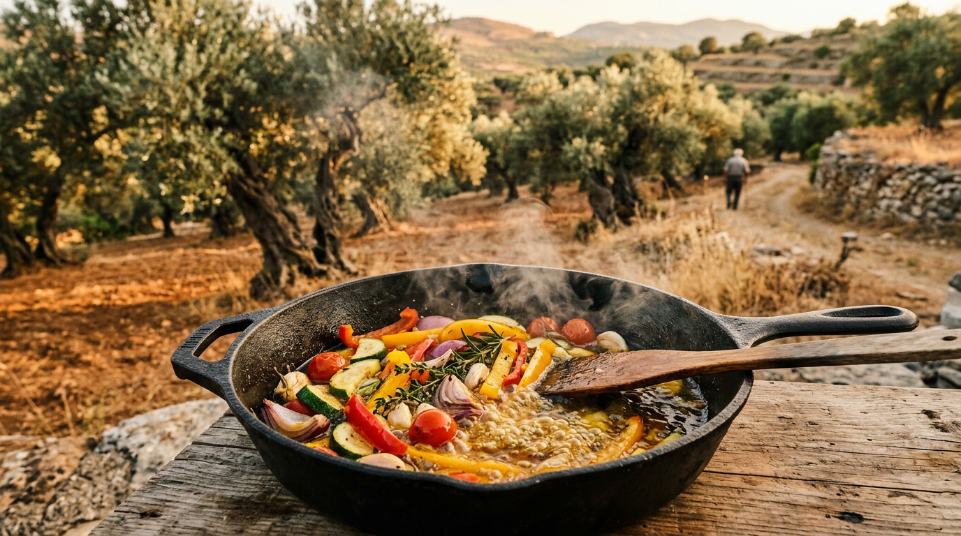 A cast-iron pan with sizzling vegetables in golden olive oil
