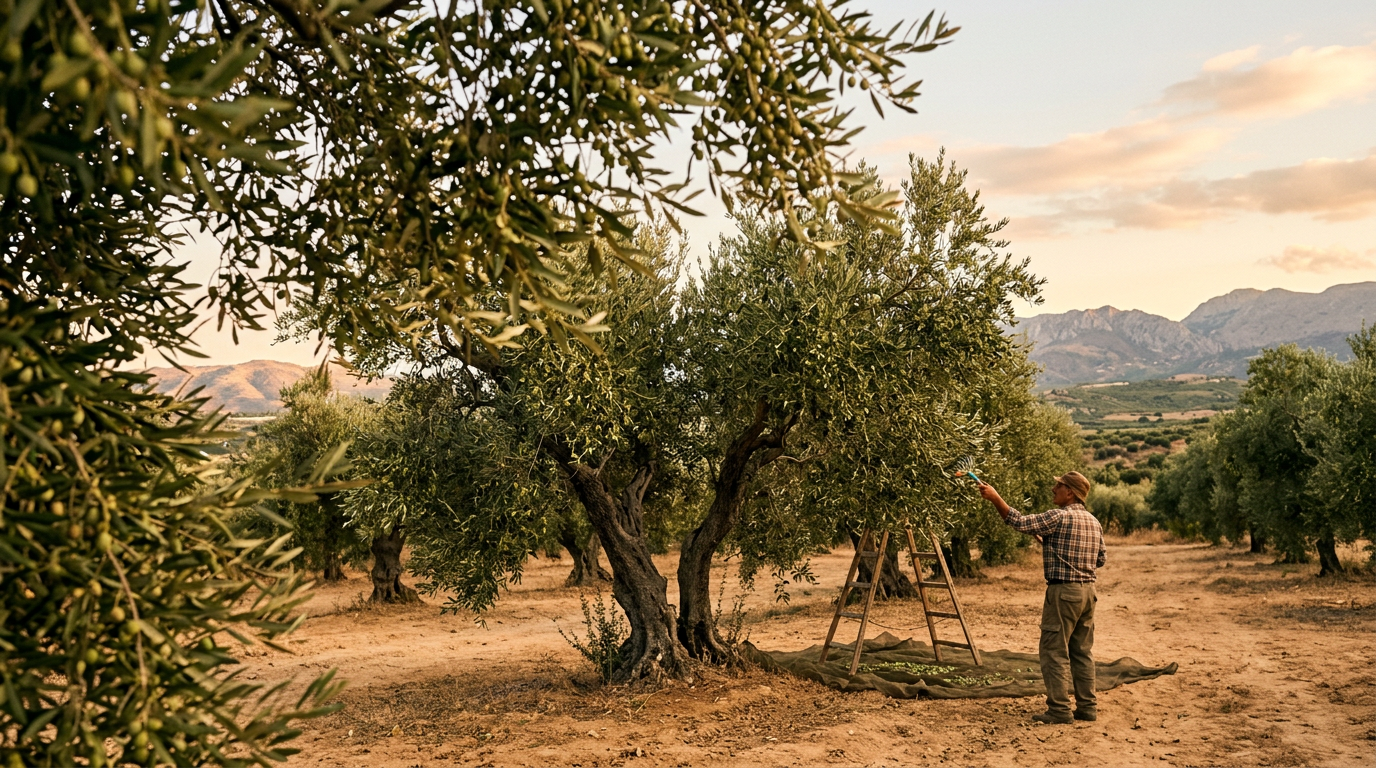 Gnarled Koroneiki olive trees in the Messara plain in the warm light of the late October sun