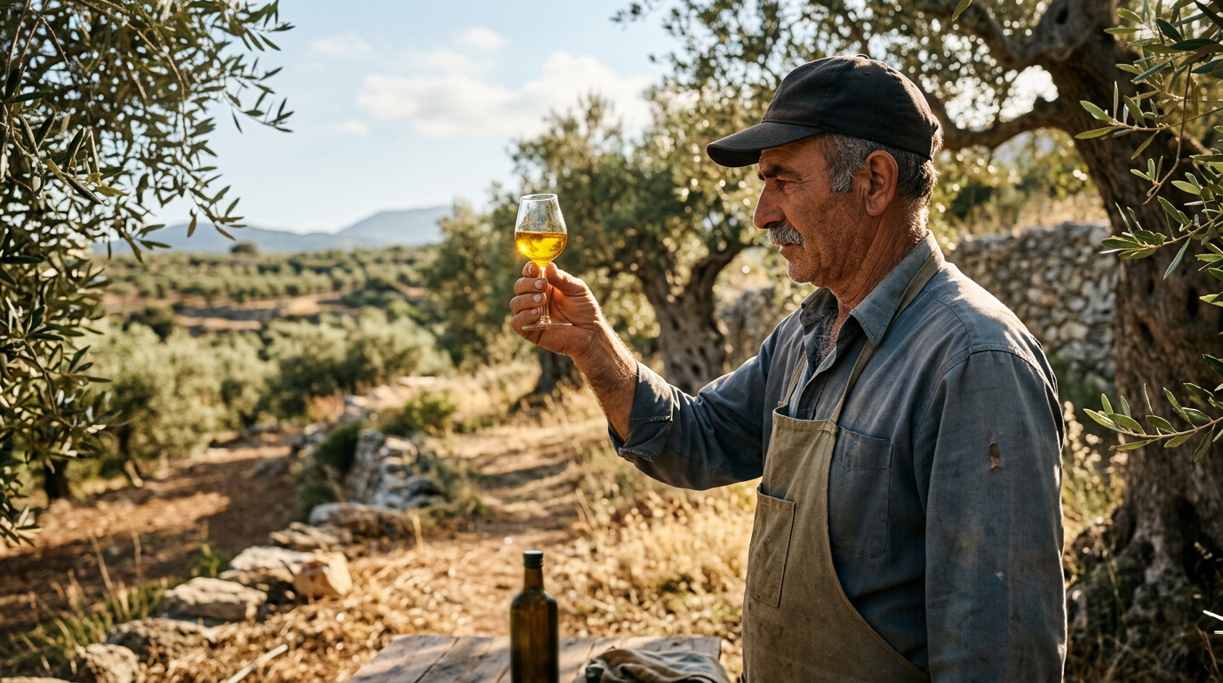 Ein Mann hält ein kleines Glas mit goldenem Olivenöl gegen das Licht, um dessen Klarheit und Farbe zu beurteilen.