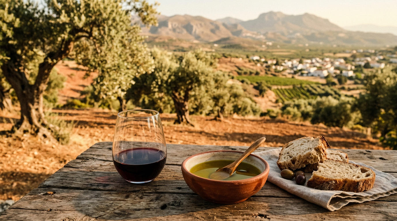 A glass of red wine and a bowl of Cretan olive oil on an old wooden table, with the sunny landscape of Crete in the background.