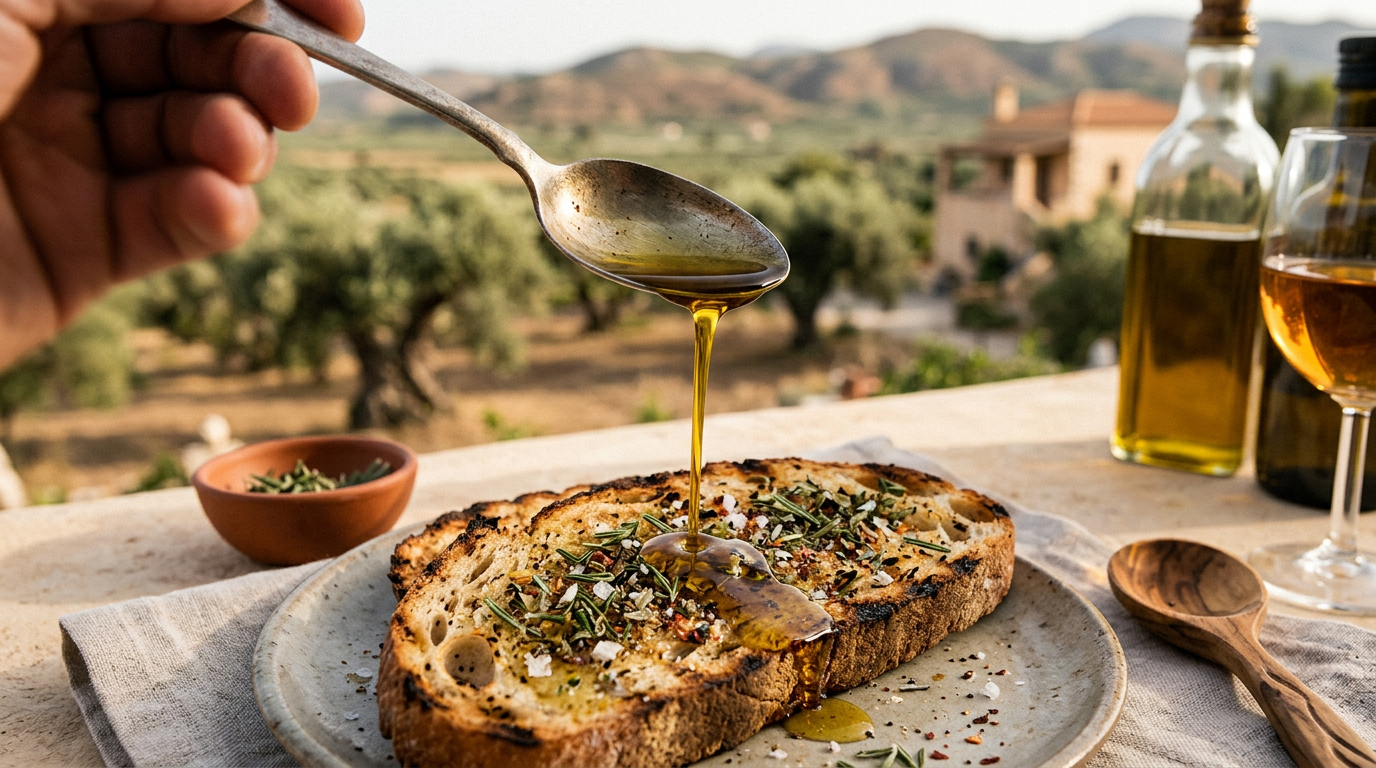 A close-up shows golden olive oil being drizzled from a spoon onto a piece of grilled bread with herbs.