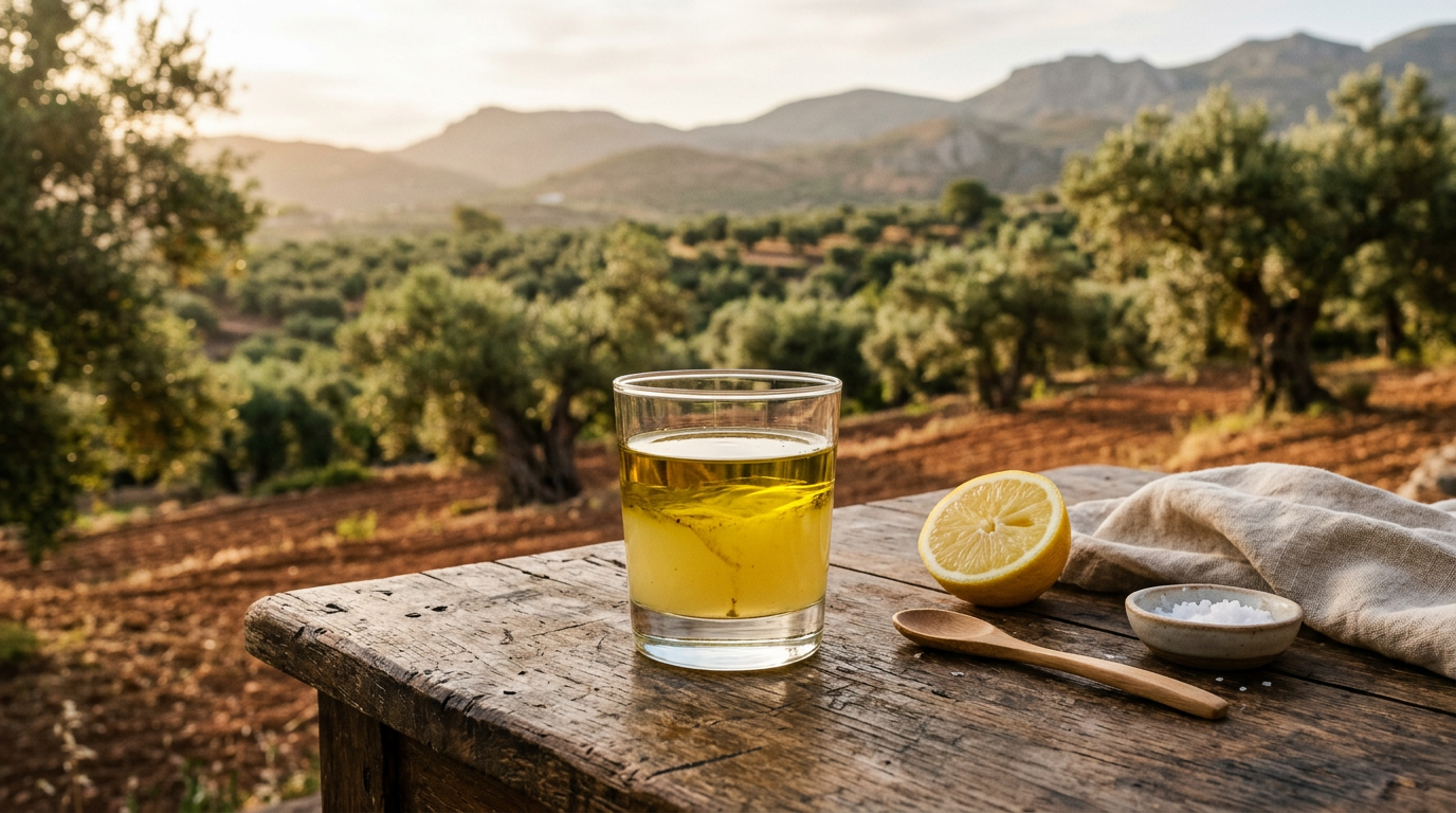 A glass with fresh lemon juice and golden olive oil on a rustic wooden table in the morning
