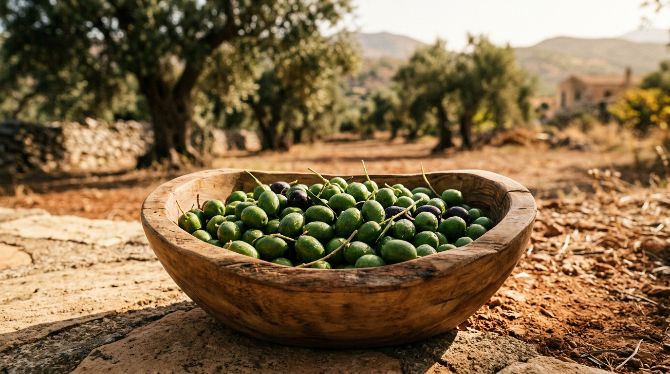 Close-up of freshly harvested Koroneiki olives lying in a wooden bowl in the Cretan sun