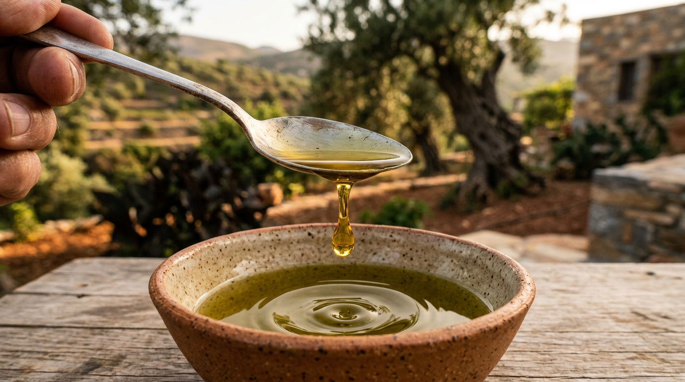 A drop of golden olive oil falls from a spoon into a bowl, the pungency almost visible