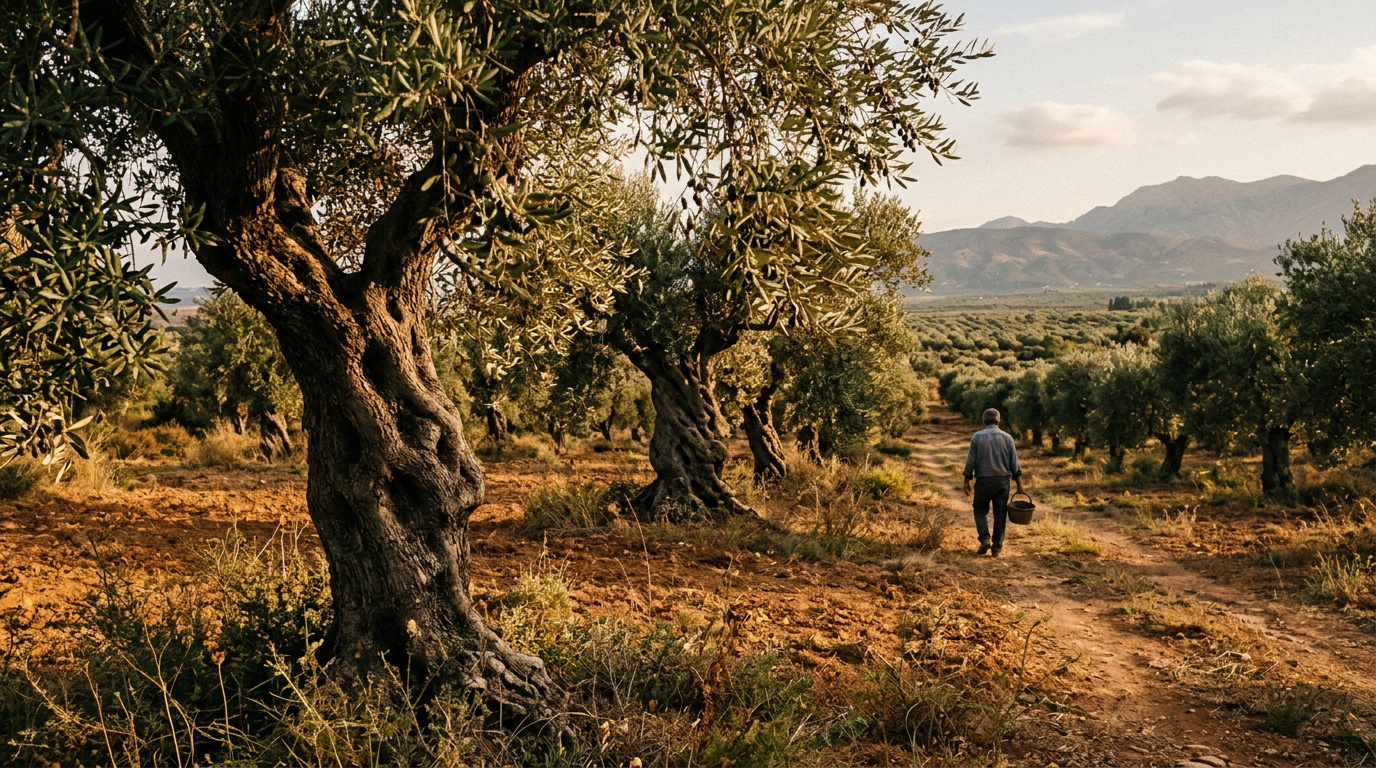 Gnarled Koroneiki olive trees in the Messara Plain in the warm light of the late October sun