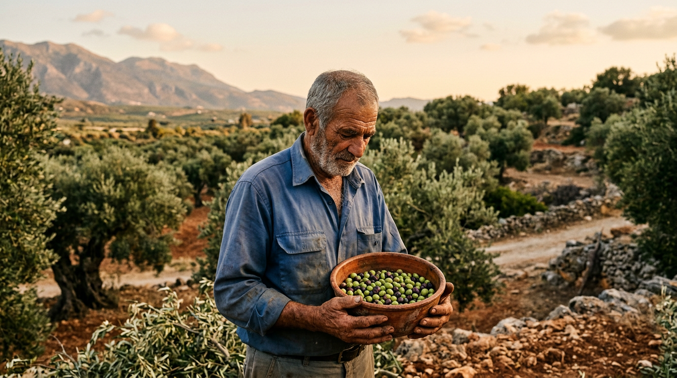 An olive farmer from the Drakakis family holds a bowl of freshly harvested Koroneiki olives in the Messara plain.