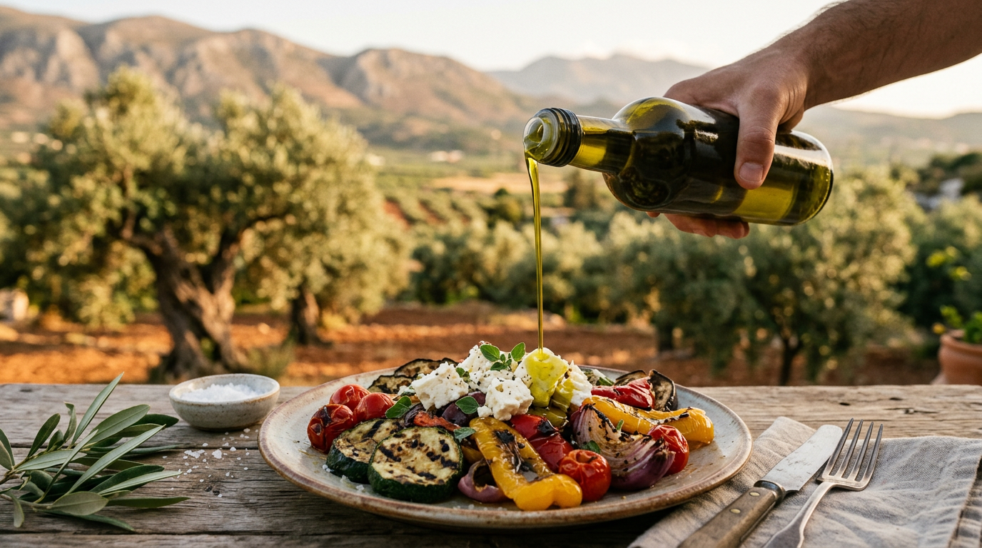 A stream of golden-green Cretan olive oil is drizzled over a plate of grilled vegetables and feta.