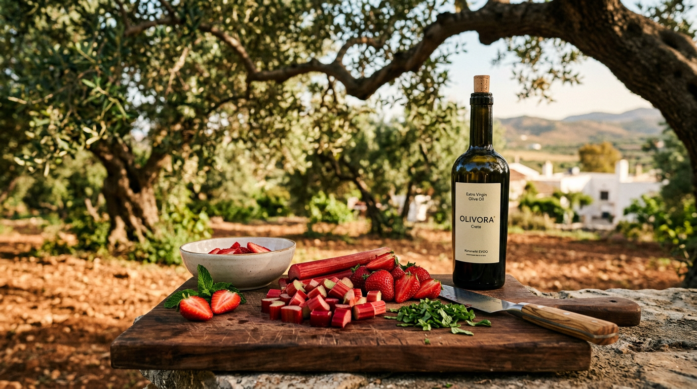 Freshly cut rhubarb and strawberries on a wooden board next to a bottle of Olivora olive oil.