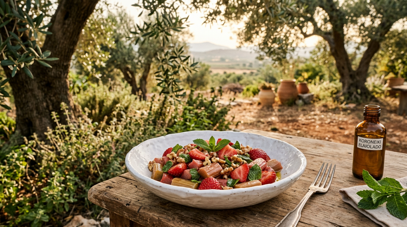 A finished rhubarb-strawberry salad in a white bowl, garnished with mint and nuts.