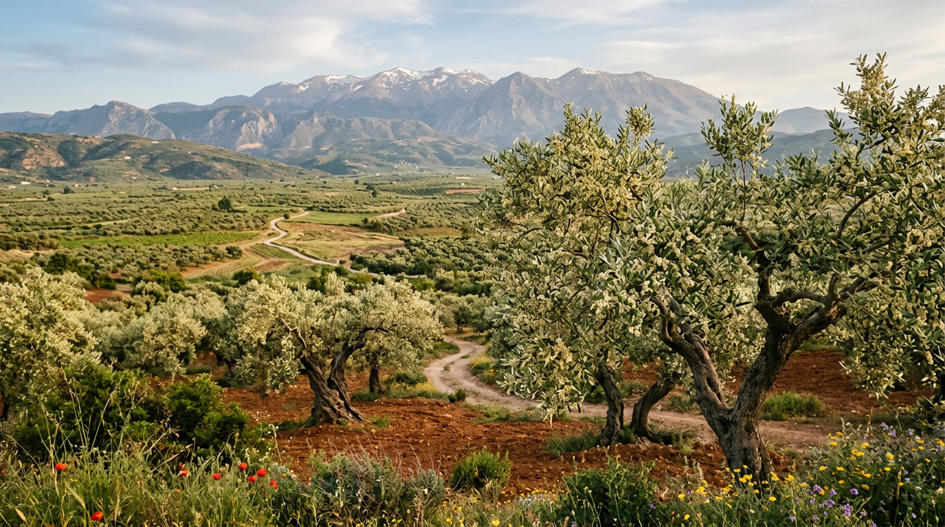 Blooming olive trees in the Messara Plain in May with a view of the Psiloritis massif