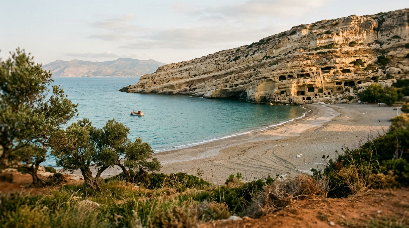 The empty bay of Matala in the soft morning light of May, the famous caves in the cliff face