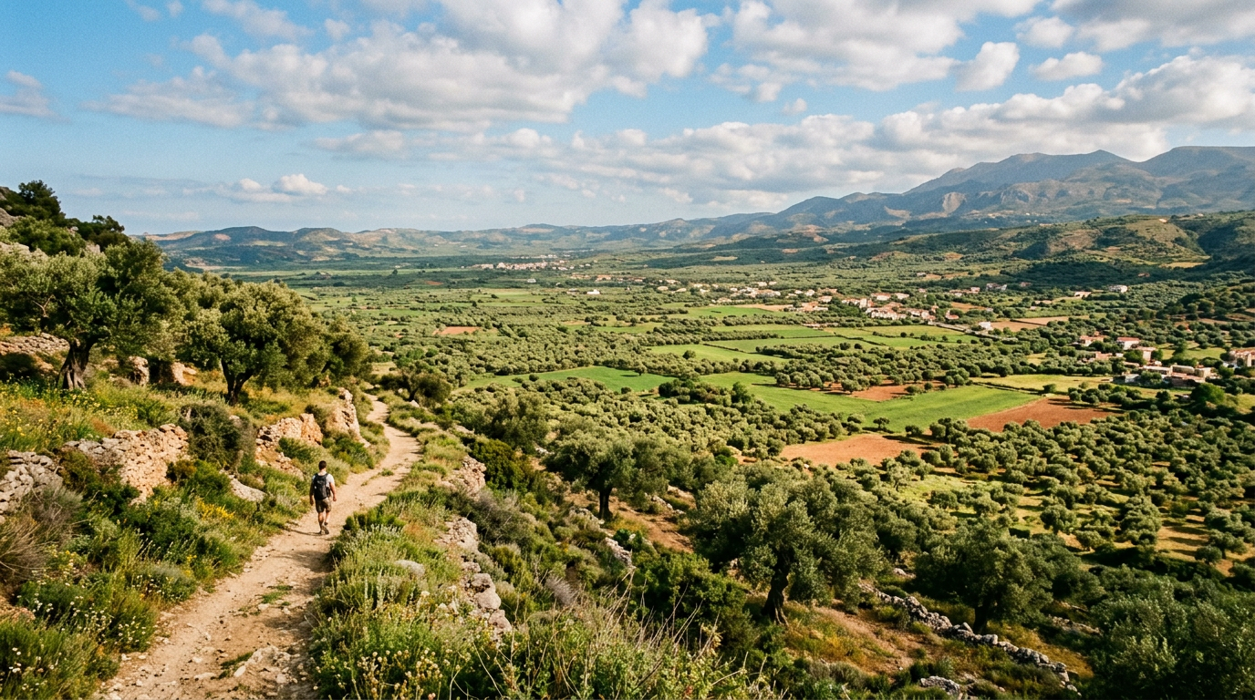 Panoramic view over the wide, green Messara Plain in May, dotted with thousands of olive trees under a blue sky