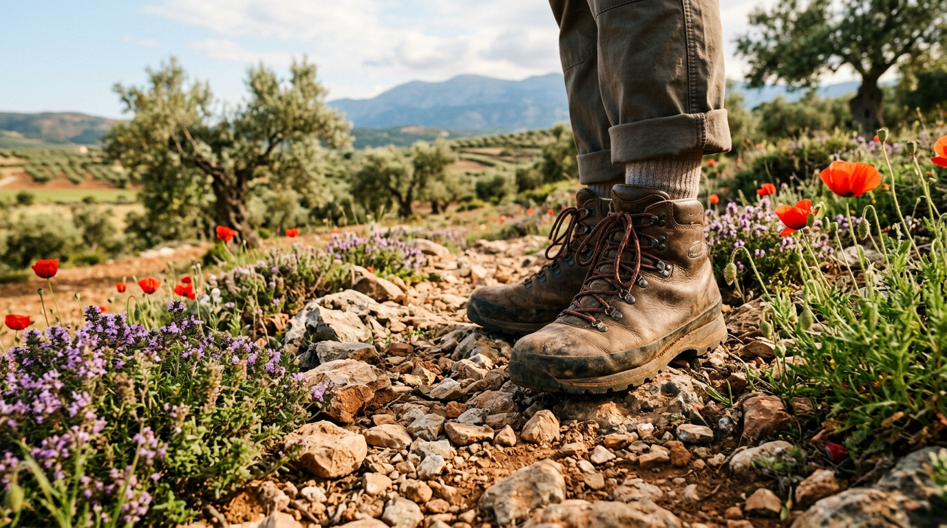 Close-up of sturdy hiking boots on a stony Cretan path, surrounded by wild thyme and red poppies