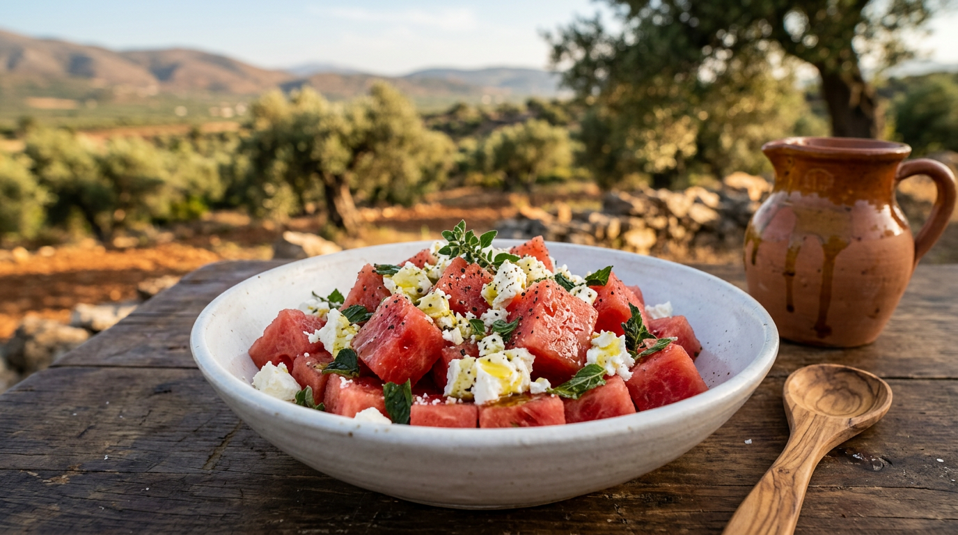 Nahaufnahme von Wassermelone-Feta-Salat in einer weißen Schale, beträufelt mit goldgrünem Olivenöl