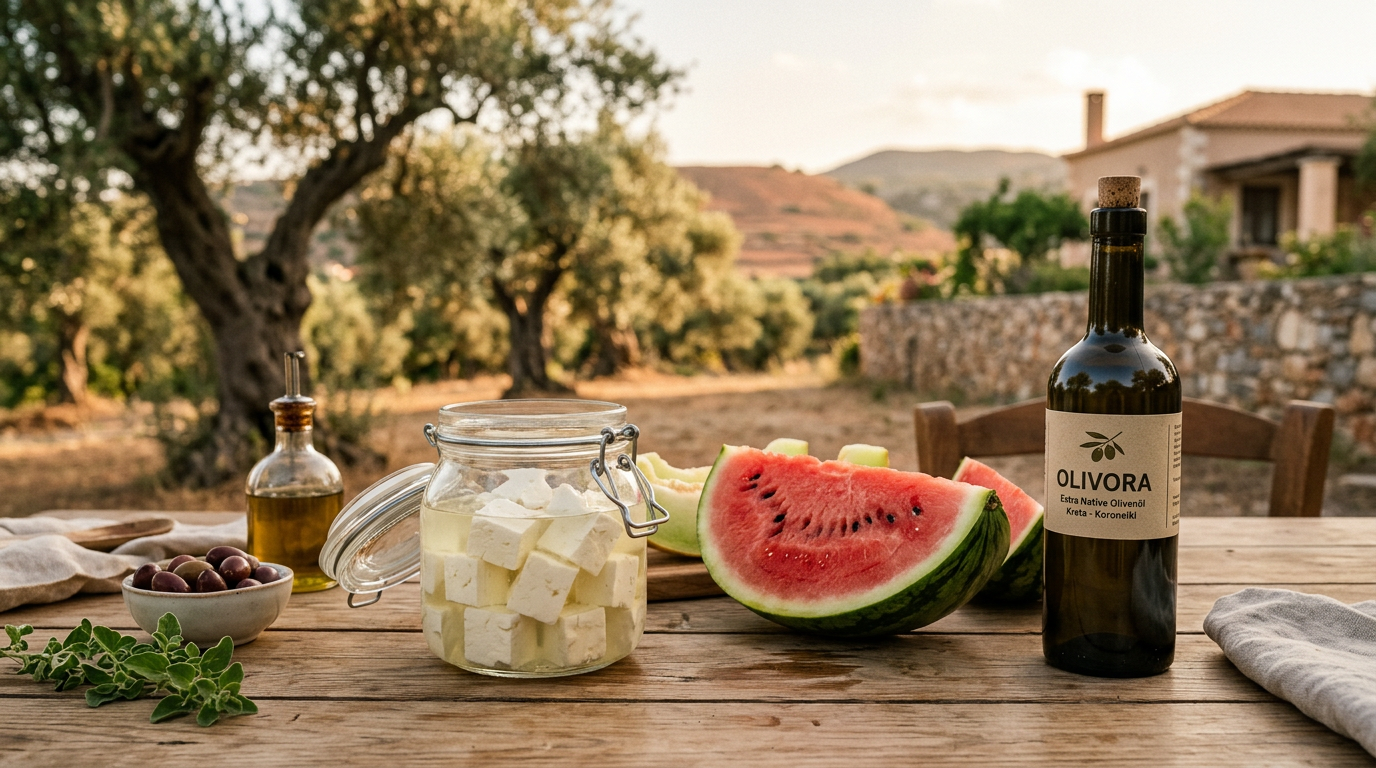 Ein Glas kretischer Feta in Salzlake neben einer aufgeschnittenen Wassermelone und einer Flasche Olivora Olivenöl