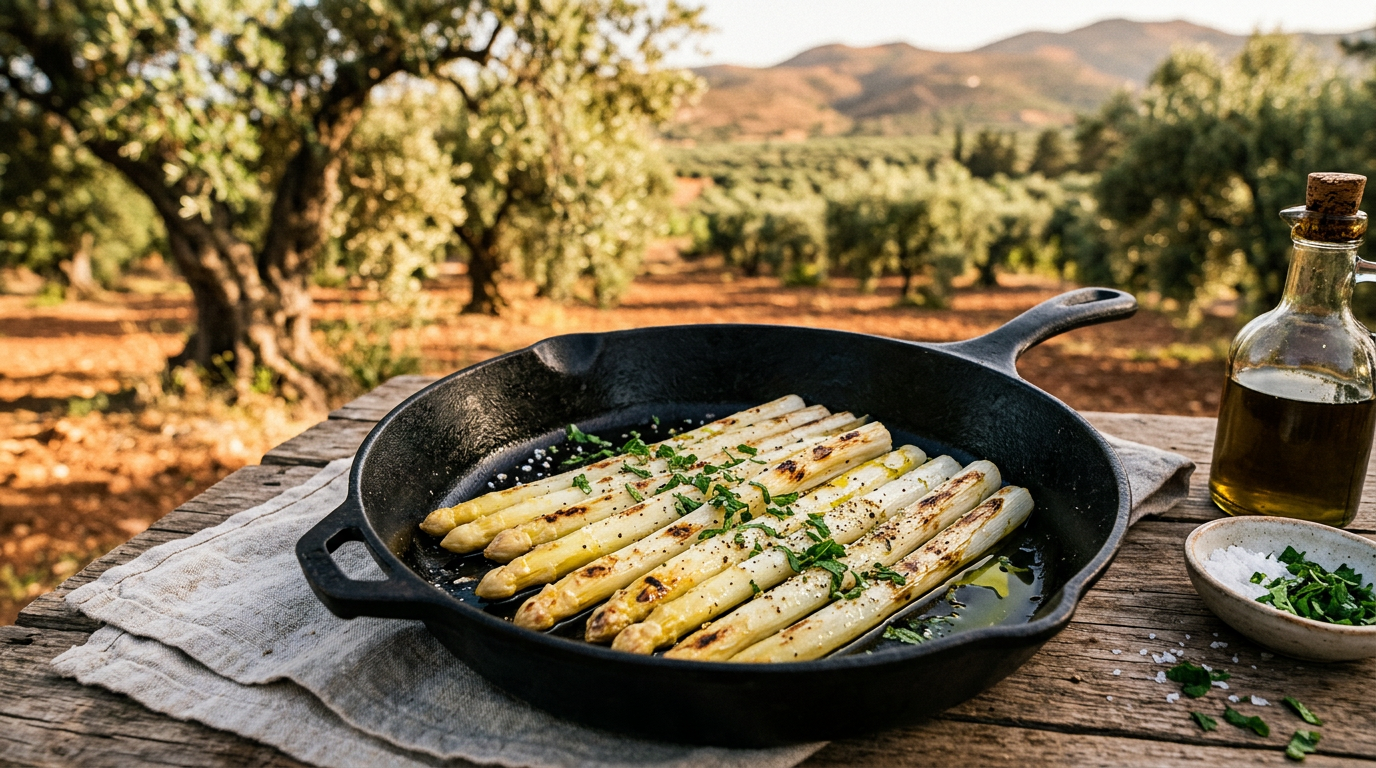 Close-up of pan-fried white asparagus in a cast-iron skillet, drizzled with golden-green olive oil and sprinkled with mint.