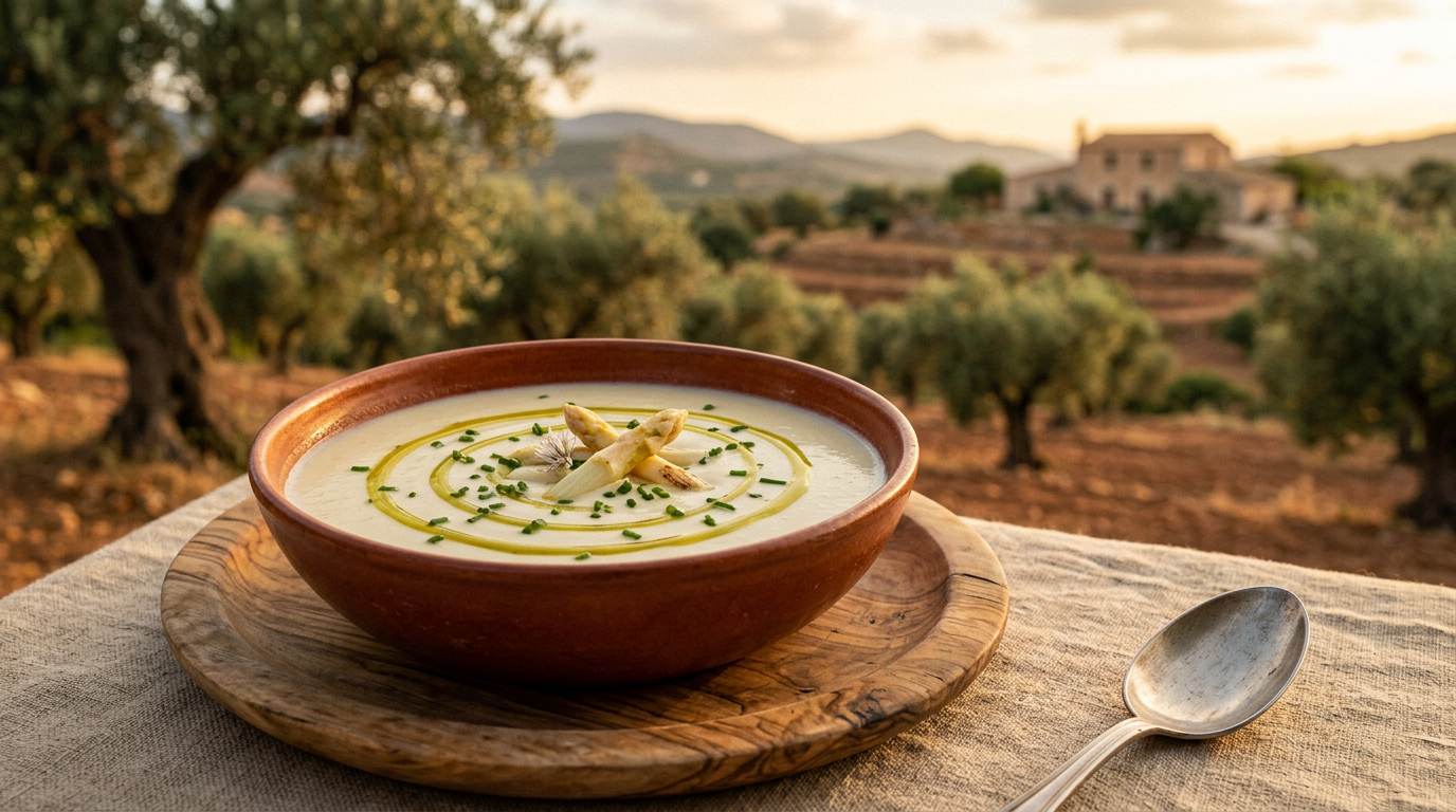 An elegant deep bowl of creamy asparagus soup, garnished with a spiral drizzle of olive oil and fresh chives.